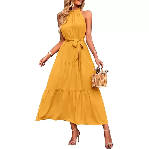 imagePRETTYGARDEN Womens Summer Floral Maxi Sun Dress Sleeveless Halter Neck Flowy Ruffle Hem Long Boho Dresses with BeltSolid Turmeric