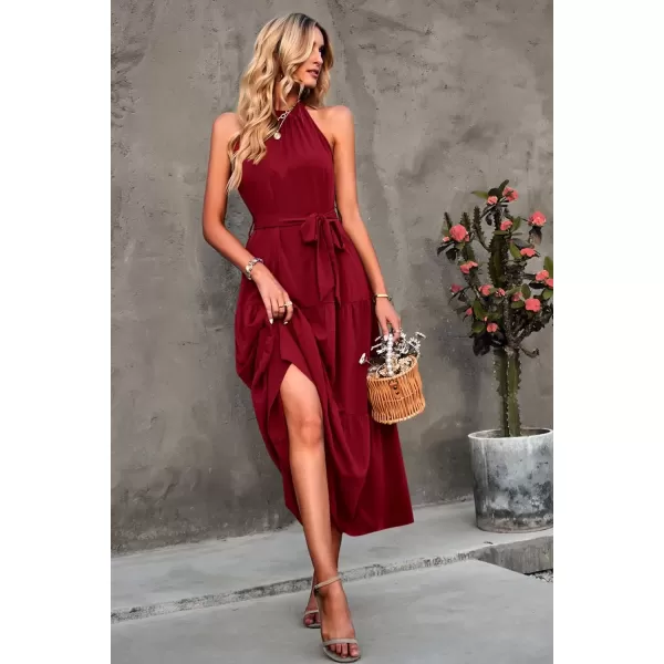 imagePRETTYGARDEN Womens Summer Floral Maxi Sun Dress Sleeveless Halter Neck Flowy Ruffle Hem Long Boho Dresses with BeltSolid Wine Red