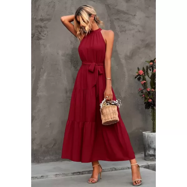 imagePRETTYGARDEN Womens Summer Floral Maxi Sun Dress Sleeveless Halter Neck Flowy Ruffle Hem Long Boho Dresses with BeltSolid Wine Red