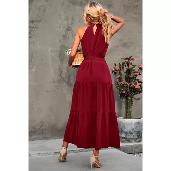 imagePRETTYGARDEN Womens Summer Floral Maxi Sun Dress Sleeveless Halter Neck Flowy Ruffle Hem Long Boho Dresses with BeltSolid Wine Red