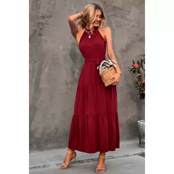 imagePRETTYGARDEN Womens Summer Floral Maxi Sun Dress Sleeveless Halter Neck Flowy Ruffle Hem Long Boho Dresses with BeltSolid Wine Red