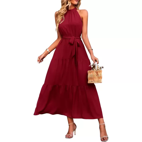 imagePRETTYGARDEN Womens Summer Floral Maxi Sun Dress Sleeveless Halter Neck Flowy Ruffle Hem Long Boho Dresses with BeltSolid Wine Red