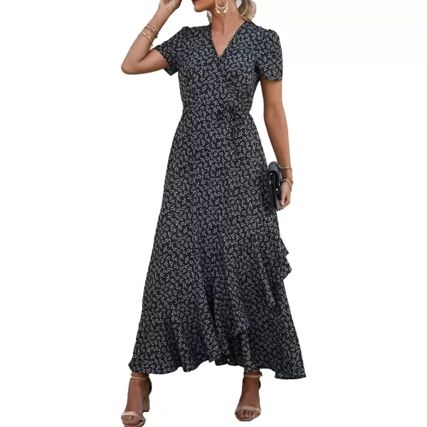 imagePRETTYGARDEN Womens Summer Wrap Maxi Dress Casual Boho Floral V Neck Short Sleeve Ruffle Hem Split Beach Long DressesBlack
