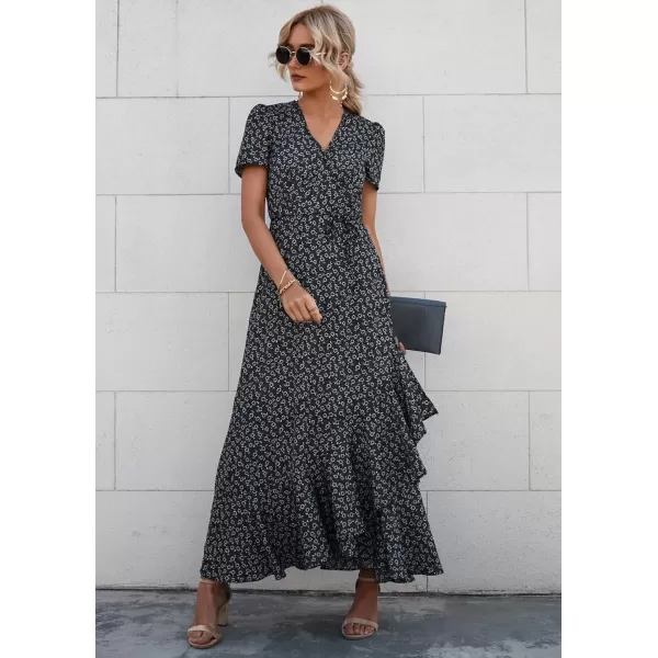 imagePRETTYGARDEN Womens Summer Wrap Maxi Dress Casual Boho Floral V Neck Short Sleeve Ruffle Hem Split Beach Long DressesBlack