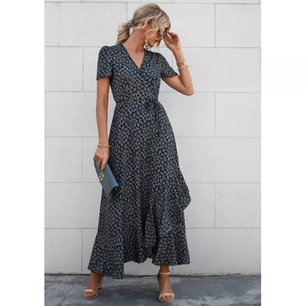 imagePRETTYGARDEN Womens Summer Wrap Maxi Dress Casual Boho Floral V Neck Short Sleeve Ruffle Hem Split Beach Long DressesBlack