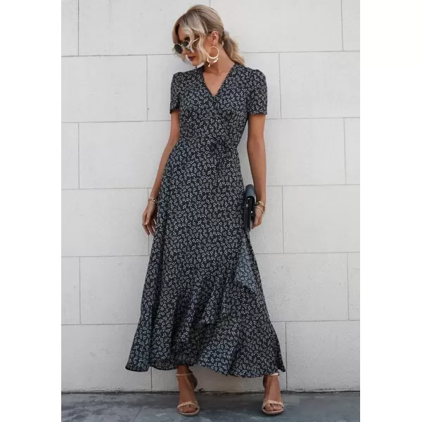 imagePRETTYGARDEN Womens Summer Wrap Maxi Dress Casual Boho Floral V Neck Short Sleeve Ruffle Hem Split Beach Long DressesBlack