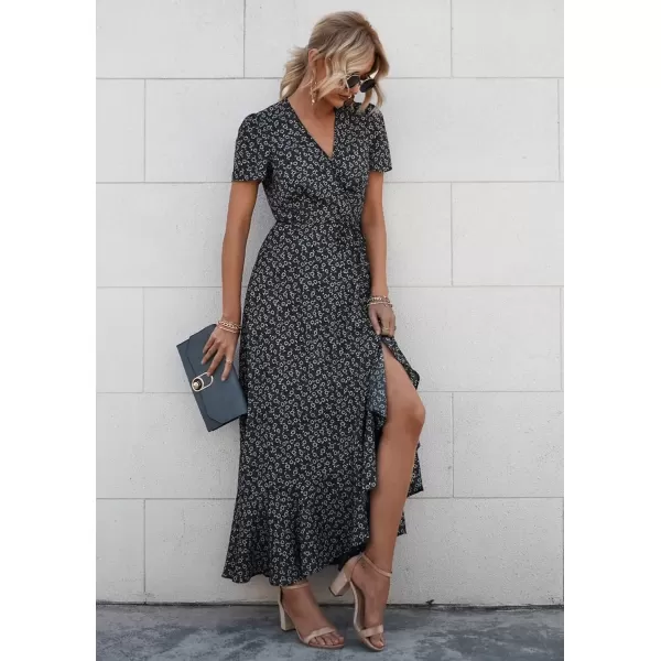 imagePRETTYGARDEN Womens Summer Wrap Maxi Dress Casual Boho Floral V Neck Short Sleeve Ruffle Hem Split Beach Long DressesBlack