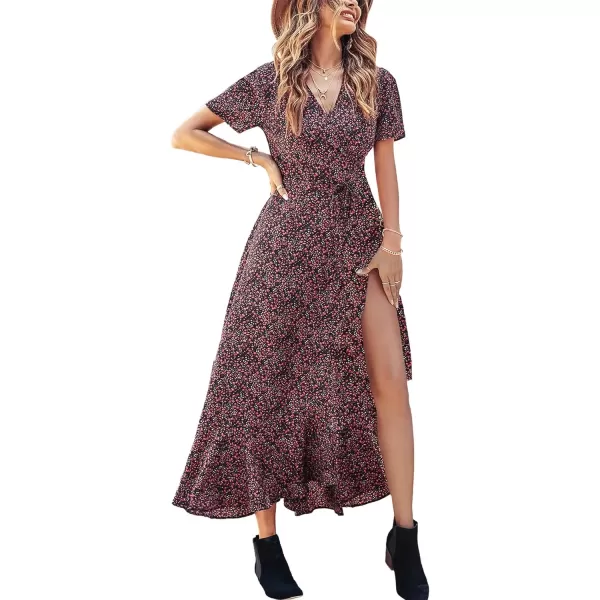 imagePRETTYGARDEN Womens Summer Wrap Maxi Dress Casual Boho Floral V Neck Short Sleeve Ruffle Hem Split Beach Long DressesBlack Red Floral