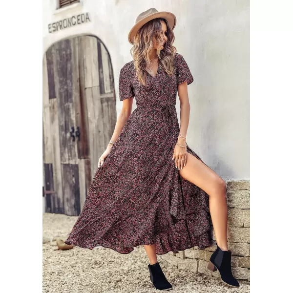 imagePRETTYGARDEN Womens Summer Wrap Maxi Dress Casual Boho Floral V Neck Short Sleeve Ruffle Hem Split Beach Long DressesBlack Red Floral