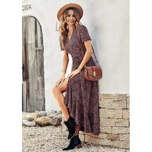 imagePRETTYGARDEN Womens Summer Wrap Maxi Dress Casual Boho Floral V Neck Short Sleeve Ruffle Hem Split Beach Long DressesBlack Red Floral