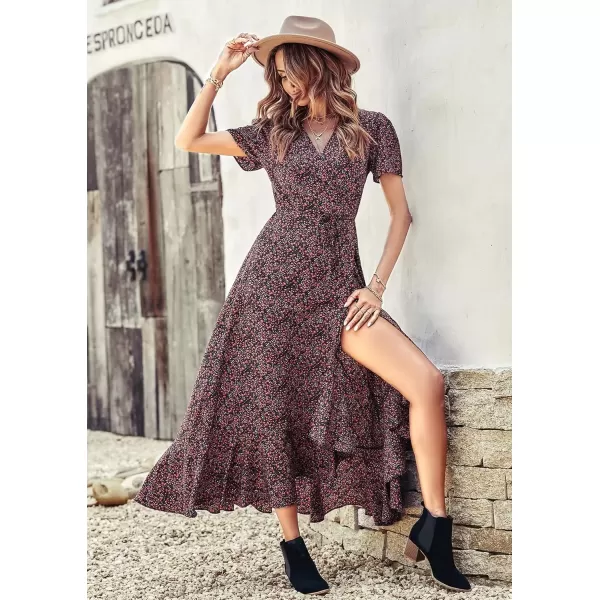 imagePRETTYGARDEN Womens Summer Wrap Maxi Dress Casual Boho Floral V Neck Short Sleeve Ruffle Hem Split Beach Long DressesBlack Red Floral