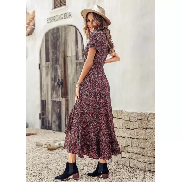 imagePRETTYGARDEN Womens Summer Wrap Maxi Dress Casual Boho Floral V Neck Short Sleeve Ruffle Hem Split Beach Long DressesBlack Red Floral