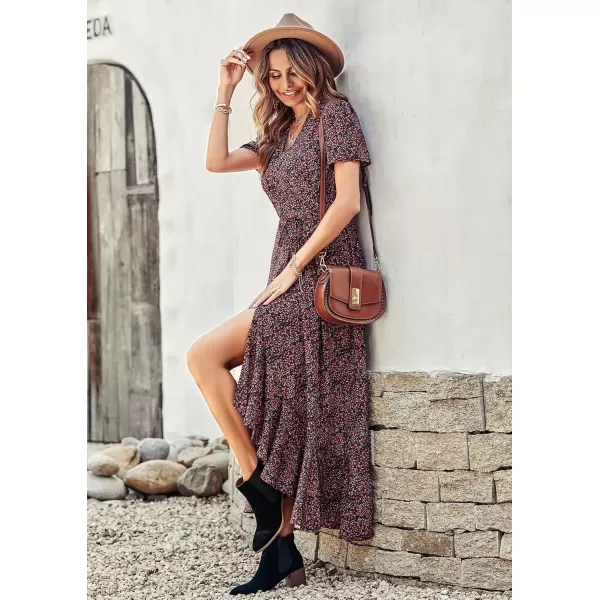 imagePRETTYGARDEN Womens Summer Wrap Maxi Dress Casual Boho Floral V Neck Short Sleeve Ruffle Hem Split Beach Long DressesBlack Red Floral