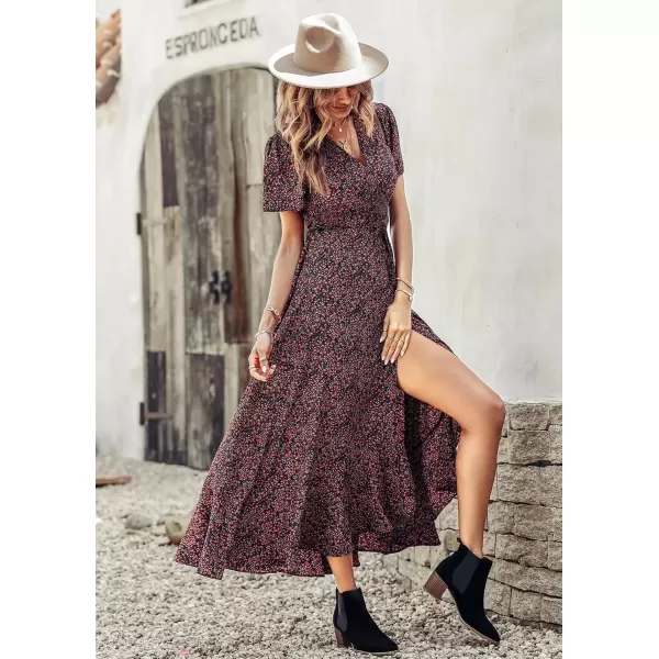 imagePRETTYGARDEN Womens Summer Wrap Maxi Dress Casual Boho Floral V Neck Short Sleeve Ruffle Hem Split Beach Long DressesBlack Red Floral