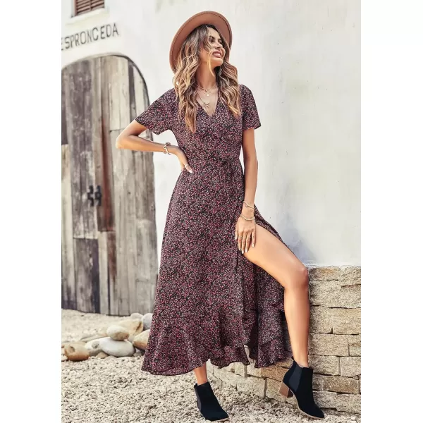 imagePRETTYGARDEN Womens Summer Wrap Maxi Dress Casual Boho Floral V Neck Short Sleeve Ruffle Hem Split Beach Long DressesBlack Red Floral
