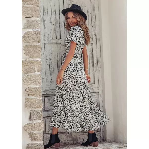 imagePRETTYGARDEN Womens Summer Wrap Maxi Dress Casual Boho Floral V Neck Short Sleeve Ruffle Hem Split Beach Long DressesBlack White Floral