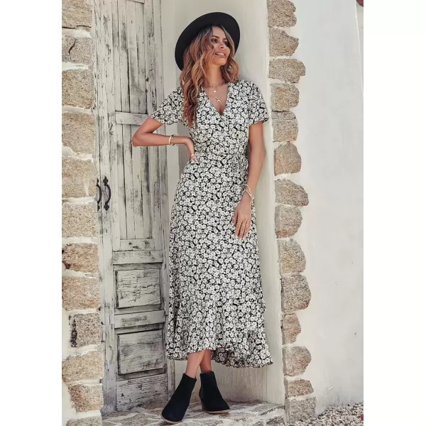 imagePRETTYGARDEN Womens Summer Wrap Maxi Dress Casual Boho Floral V Neck Short Sleeve Ruffle Hem Split Beach Long DressesBlack White Floral