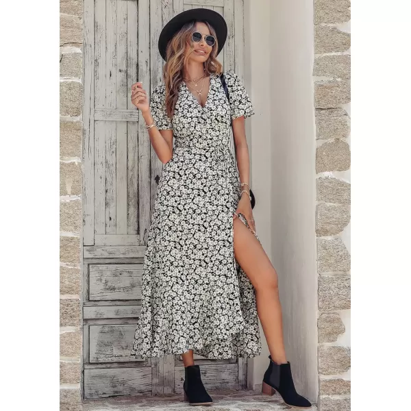 imagePRETTYGARDEN Womens Summer Wrap Maxi Dress Casual Boho Floral V Neck Short Sleeve Ruffle Hem Split Beach Long DressesBlack White Floral