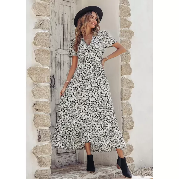 imagePRETTYGARDEN Womens Summer Wrap Maxi Dress Casual Boho Floral V Neck Short Sleeve Ruffle Hem Split Beach Long DressesBlack White Floral