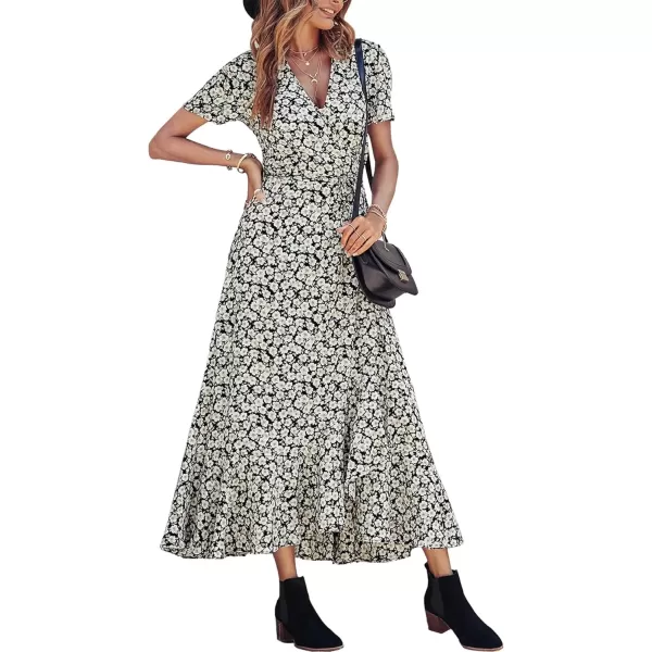imagePRETTYGARDEN Womens Summer Wrap Maxi Dress Casual Boho Floral V Neck Short Sleeve Ruffle Hem Split Beach Long DressesBlack White Floral