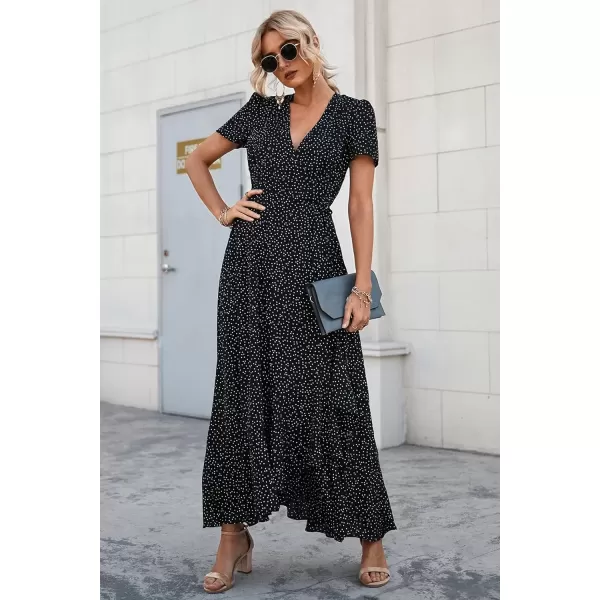 imagePRETTYGARDEN Womens Summer Wrap Maxi Dress Casual Boho Floral V Neck Short Sleeve Ruffle Hem Split Beach Long DressesBlackWhite