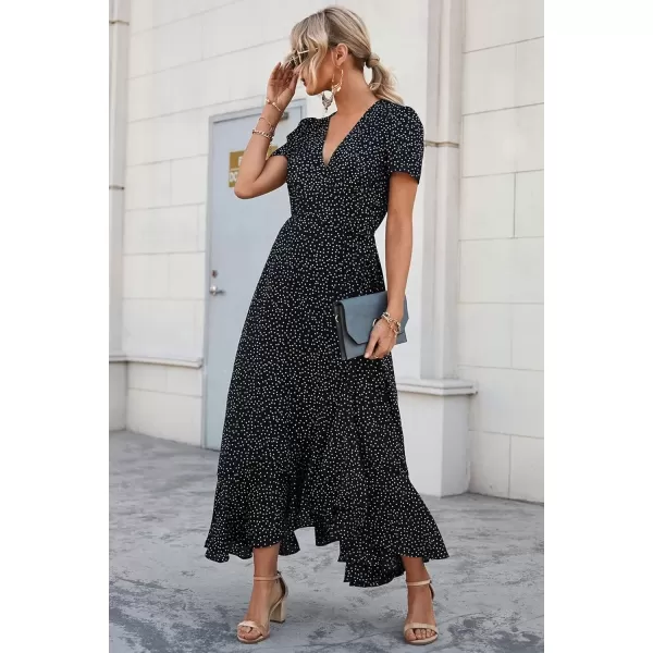 imagePRETTYGARDEN Womens Summer Wrap Maxi Dress Casual Boho Floral V Neck Short Sleeve Ruffle Hem Split Beach Long DressesBlackWhite