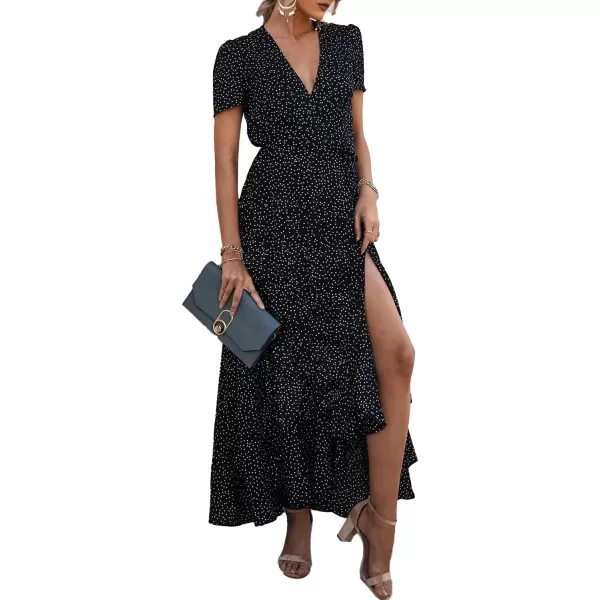 imagePRETTYGARDEN Womens Summer Wrap Maxi Dress Casual Boho Floral V Neck Short Sleeve Ruffle Hem Split Beach Long DressesBlackWhite