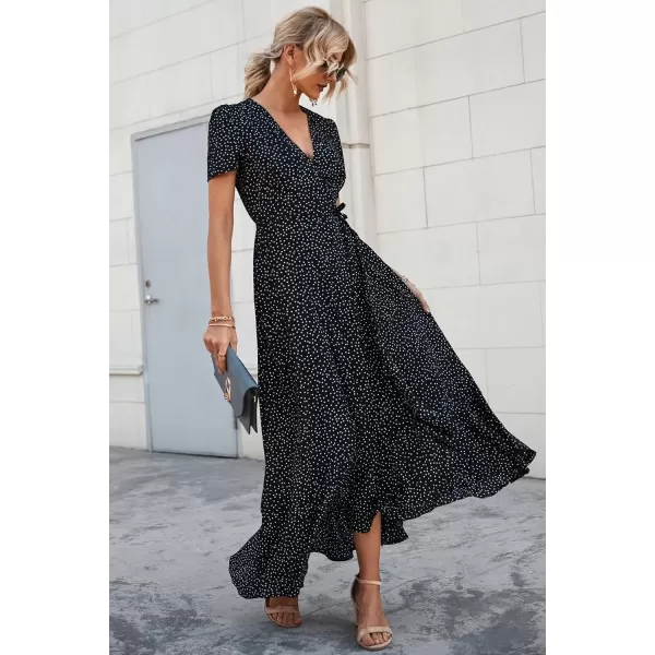imagePRETTYGARDEN Womens Summer Wrap Maxi Dress Casual Boho Floral V Neck Short Sleeve Ruffle Hem Split Beach Long DressesBlackWhite