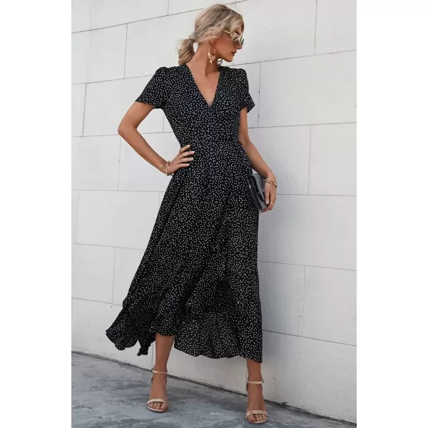 imagePRETTYGARDEN Womens Summer Wrap Maxi Dress Casual Boho Floral V Neck Short Sleeve Ruffle Hem Split Beach Long DressesBlackWhite