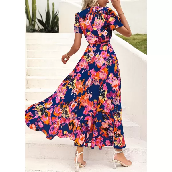 imagePRETTYGARDEN Womens Summer Wrap Maxi Dress Casual Boho Floral V Neck Short Sleeve Ruffle Hem Split Beach Long DressesBlue Orange Floral
