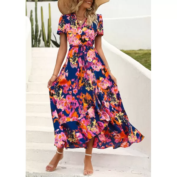 imagePRETTYGARDEN Womens Summer Wrap Maxi Dress Casual Boho Floral V Neck Short Sleeve Ruffle Hem Split Beach Long DressesBlue Orange Floral