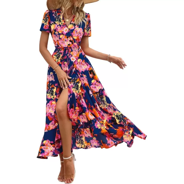 imagePRETTYGARDEN Womens Summer Wrap Maxi Dress Casual Boho Floral V Neck Short Sleeve Ruffle Hem Split Beach Long DressesBlue Orange Floral