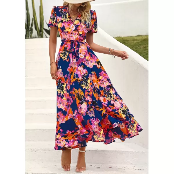 imagePRETTYGARDEN Womens Summer Wrap Maxi Dress Casual Boho Floral V Neck Short Sleeve Ruffle Hem Split Beach Long DressesBlue Orange Floral