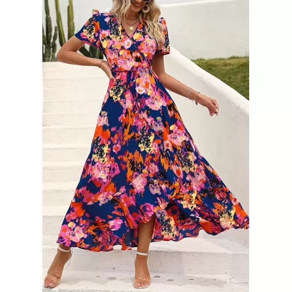 imagePRETTYGARDEN Womens Summer Wrap Maxi Dress Casual Boho Floral V Neck Short Sleeve Ruffle Hem Split Beach Long DressesBlue Orange Floral