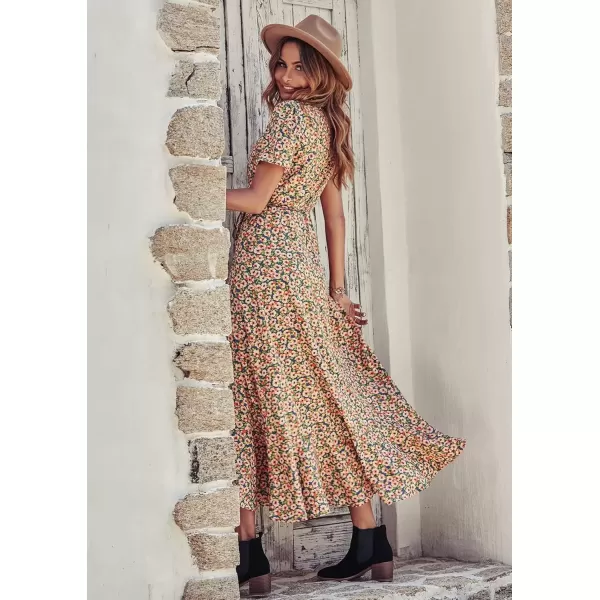 imagePRETTYGARDEN Womens Summer Wrap Maxi Dress Casual Boho Floral V Neck Short Sleeve Ruffle Hem Split Beach Long DressesBlue Pink Floral