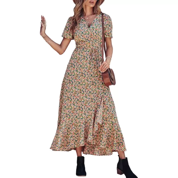 imagePRETTYGARDEN Womens Summer Wrap Maxi Dress Casual Boho Floral V Neck Short Sleeve Ruffle Hem Split Beach Long DressesBlue Pink Floral