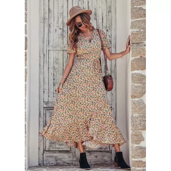 imagePRETTYGARDEN Womens Summer Wrap Maxi Dress Casual Boho Floral V Neck Short Sleeve Ruffle Hem Split Beach Long DressesBlue Pink Floral