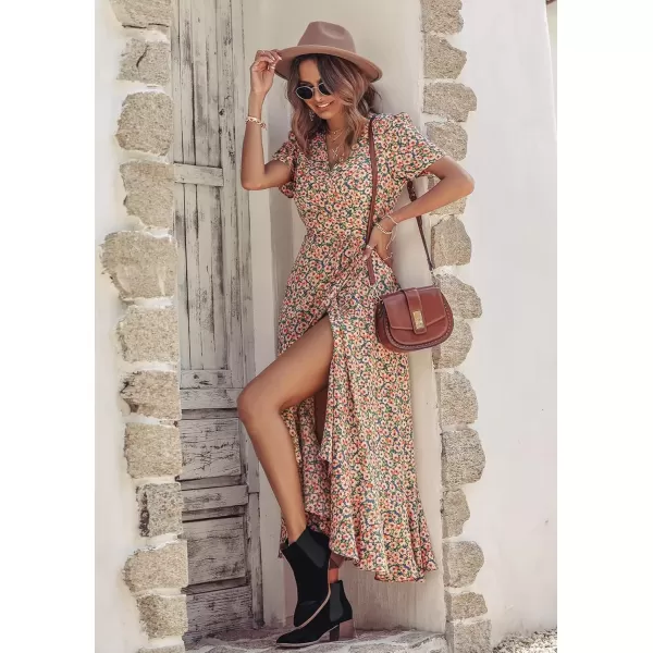 imagePRETTYGARDEN Womens Summer Wrap Maxi Dress Casual Boho Floral V Neck Short Sleeve Ruffle Hem Split Beach Long DressesBlue Pink Floral