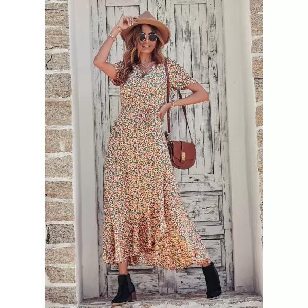imagePRETTYGARDEN Womens Summer Wrap Maxi Dress Casual Boho Floral V Neck Short Sleeve Ruffle Hem Split Beach Long DressesBlue Pink Floral