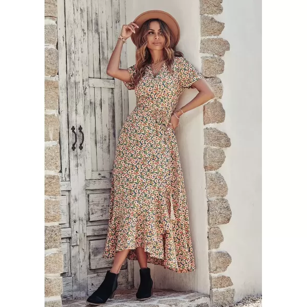 imagePRETTYGARDEN Womens Summer Wrap Maxi Dress Casual Boho Floral V Neck Short Sleeve Ruffle Hem Split Beach Long DressesBlue Pink Floral