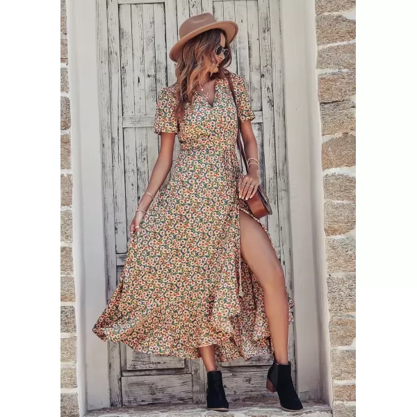 imagePRETTYGARDEN Womens Summer Wrap Maxi Dress Casual Boho Floral V Neck Short Sleeve Ruffle Hem Split Beach Long DressesBlue Pink Floral
