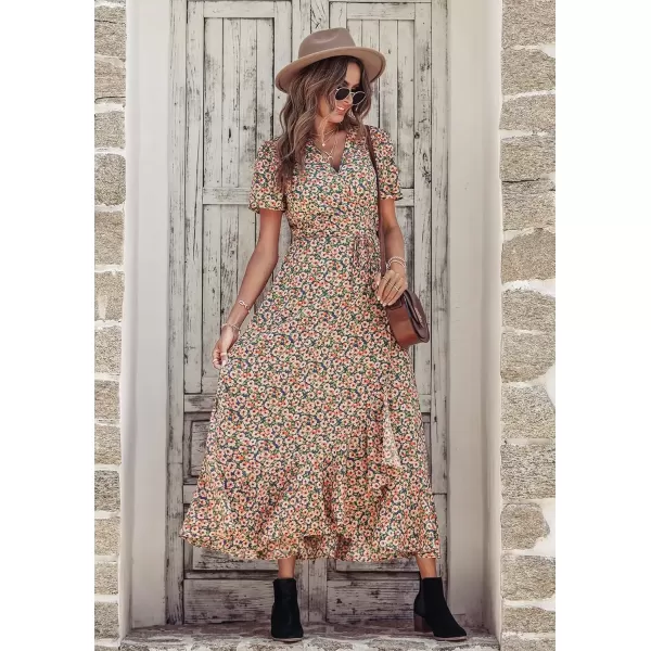 imagePRETTYGARDEN Womens Summer Wrap Maxi Dress Casual Boho Floral V Neck Short Sleeve Ruffle Hem Split Beach Long DressesBlue Pink Floral