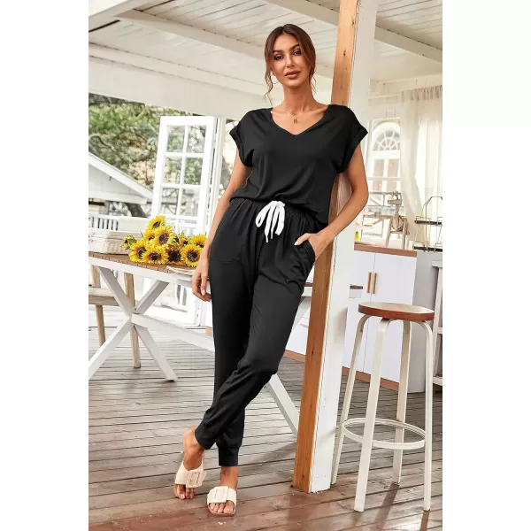 imagePRETTYGARDEN Womens Two Piece Tracksuit V Neck Short Sleeve Tops Long Pants With Drawstring Outfits Jogger SetsBlack