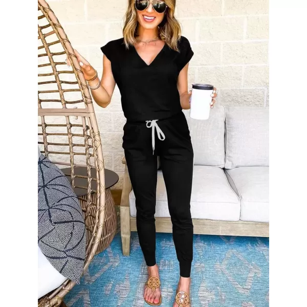 imagePRETTYGARDEN Womens Two Piece Tracksuit V Neck Short Sleeve Tops Long Pants With Drawstring Outfits Jogger SetsBlack