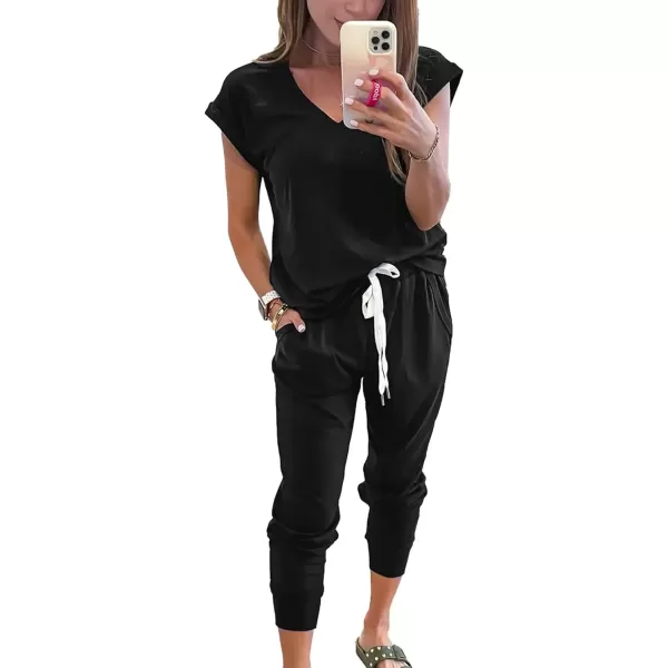 imagePRETTYGARDEN Womens Two Piece Tracksuit V Neck Short Sleeve Tops Long Pants With Drawstring Outfits Jogger SetsBlack
