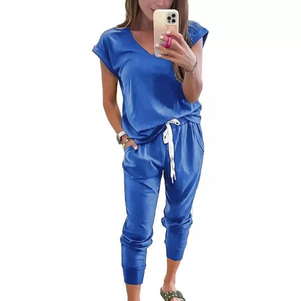 imagePRETTYGARDEN Womens Two Piece Tracksuit V Neck Short Sleeve Tops Long Pants With Drawstring Outfits Jogger SetsBlue