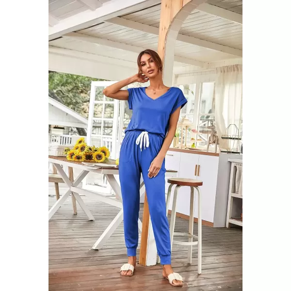 imagePRETTYGARDEN Womens Two Piece Tracksuit V Neck Short Sleeve Tops Long Pants With Drawstring Outfits Jogger SetsBlue