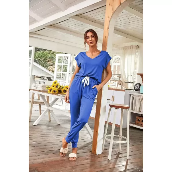 imagePRETTYGARDEN Womens Two Piece Tracksuit V Neck Short Sleeve Tops Long Pants With Drawstring Outfits Jogger SetsBlue