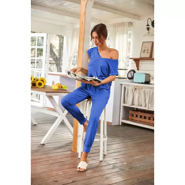 imagePRETTYGARDEN Womens Two Piece Tracksuit V Neck Short Sleeve Tops Long Pants With Drawstring Outfits Jogger SetsBlue