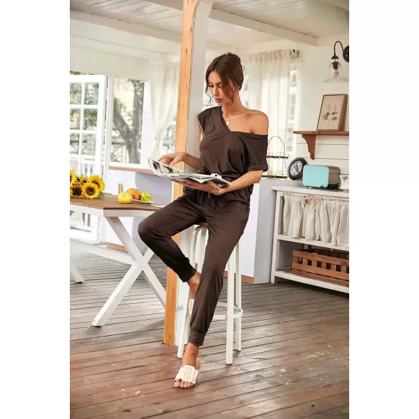 imagePRETTYGARDEN Womens Two Piece Tracksuit V Neck Short Sleeve Tops Long Pants With Drawstring Outfits Jogger SetsBrown
